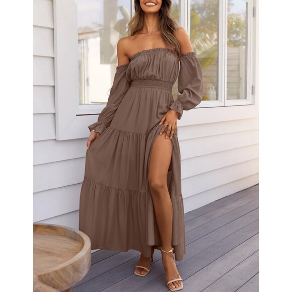 ZESICA Off Shoulder Smocked High Waist Side Split Maxi Dress in Coffee - Picture 1 of 16